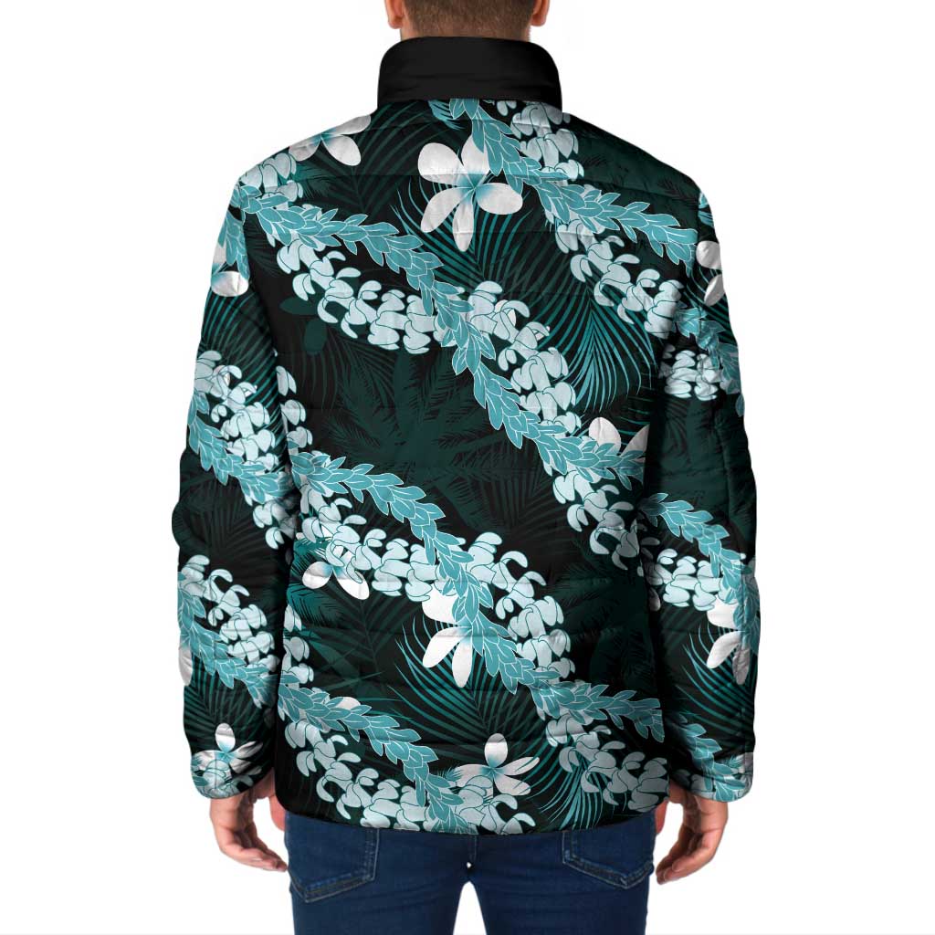 Puakenikeni Maile Lei Padded Jacket Frangipani Turquoise Tropical Leaves
