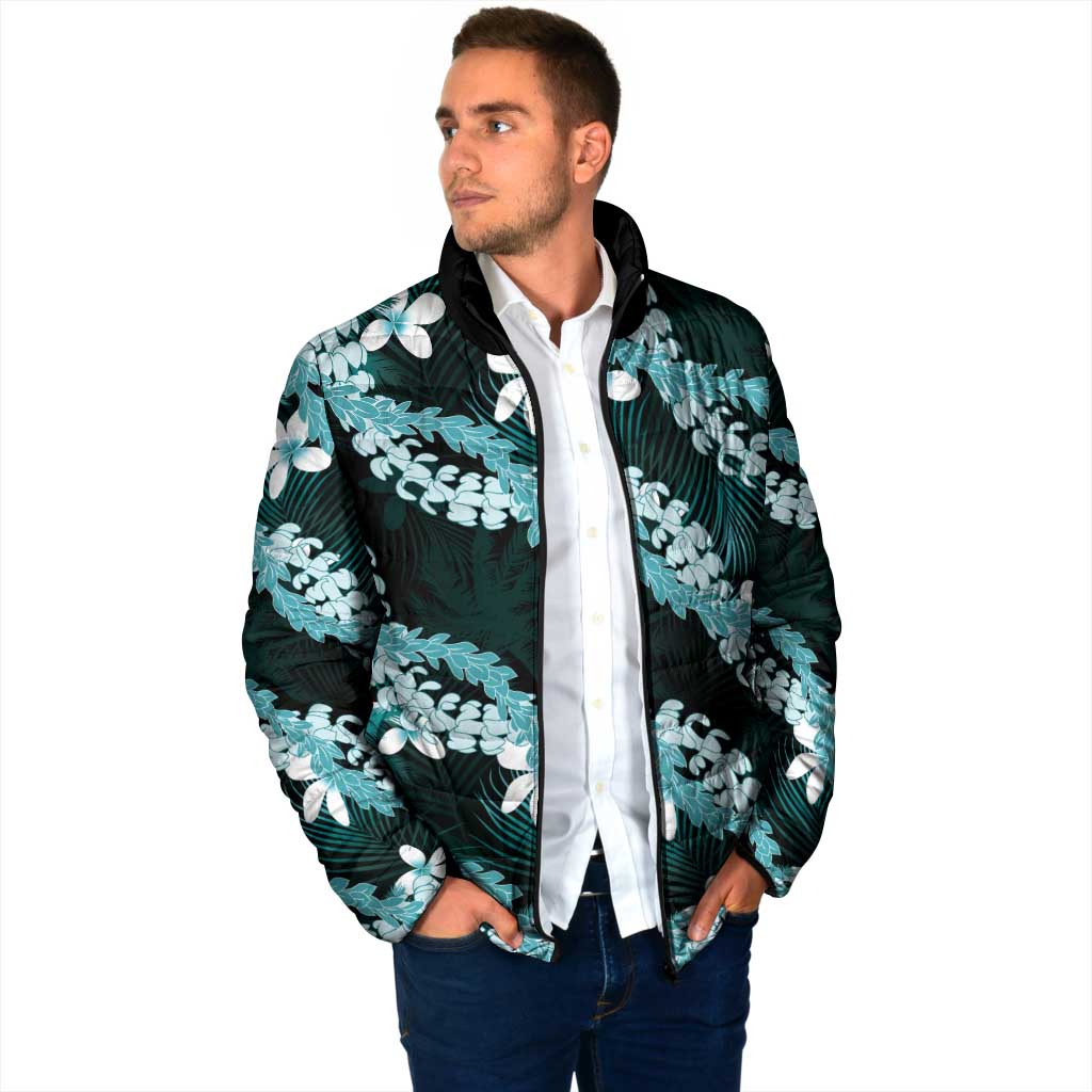 Puakenikeni Maile Lei Padded Jacket Frangipani Turquoise Tropical Leaves