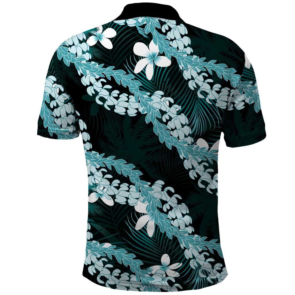 Puakenikeni Maile Lei Polo Shirt Frangipani Turquoise Tropical Leaves