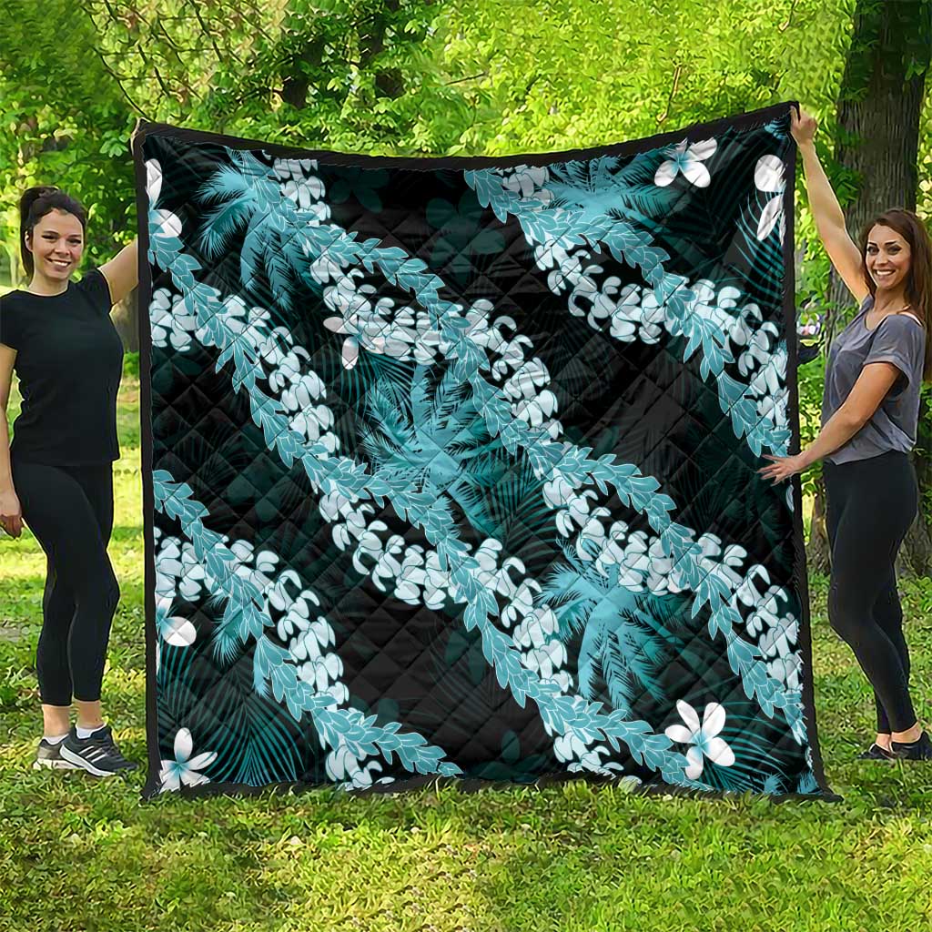 Puakenikeni Maile Lei Quilt Frangipani Turquoise Tropical Leaves