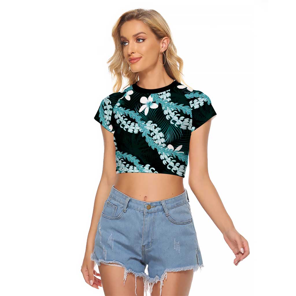 Puakenikeni Maile Lei Raglan Cropped T Shirt Frangipani Turquoise Tropical Leaves