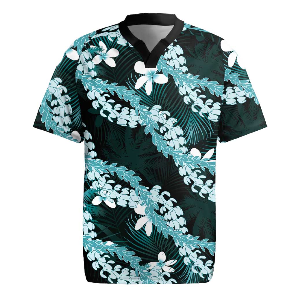 Puakenikeni Maile Lei Rugby Jersey Frangipani Turquoise Tropical Leaves
