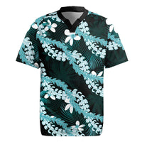 Puakenikeni Maile Lei Rugby Jersey Frangipani Turquoise Tropical Leaves