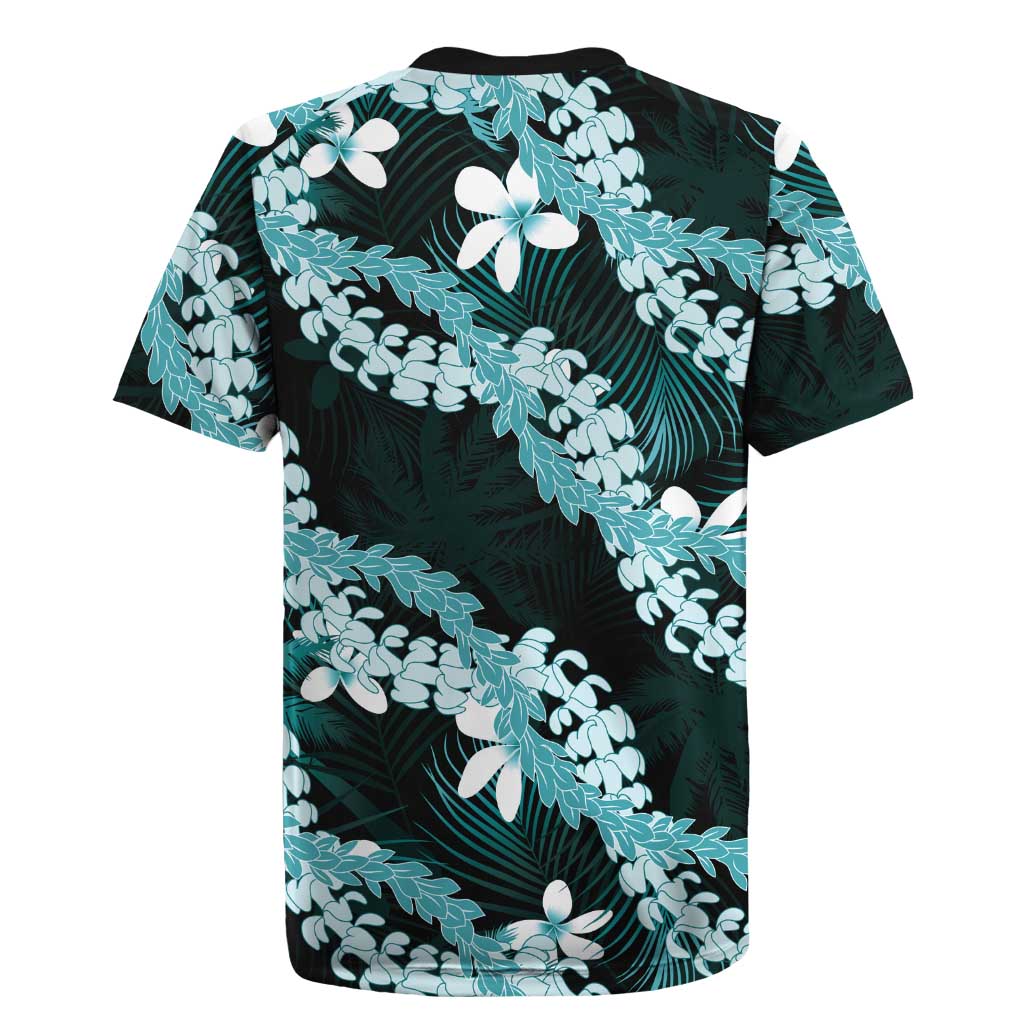 Puakenikeni Maile Lei Rugby Jersey Frangipani Turquoise Tropical Leaves