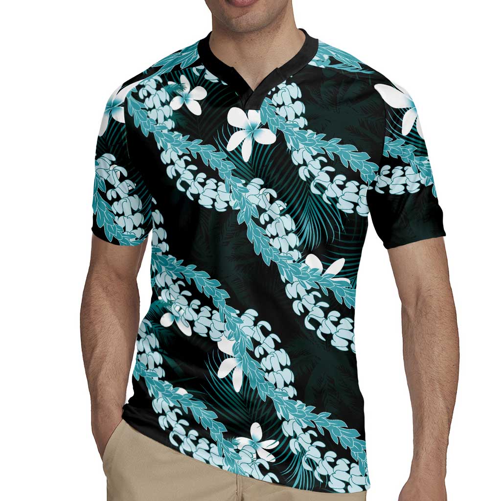 Puakenikeni Maile Lei Rugby Jersey Frangipani Turquoise Tropical Leaves