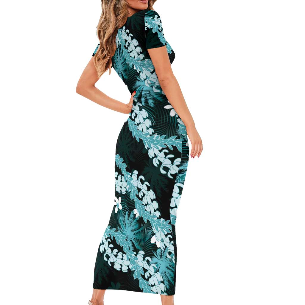 Puakenikeni Maile Lei Short Sleeve Bodycon Dress Frangipani Turquoise Tropical Leaves