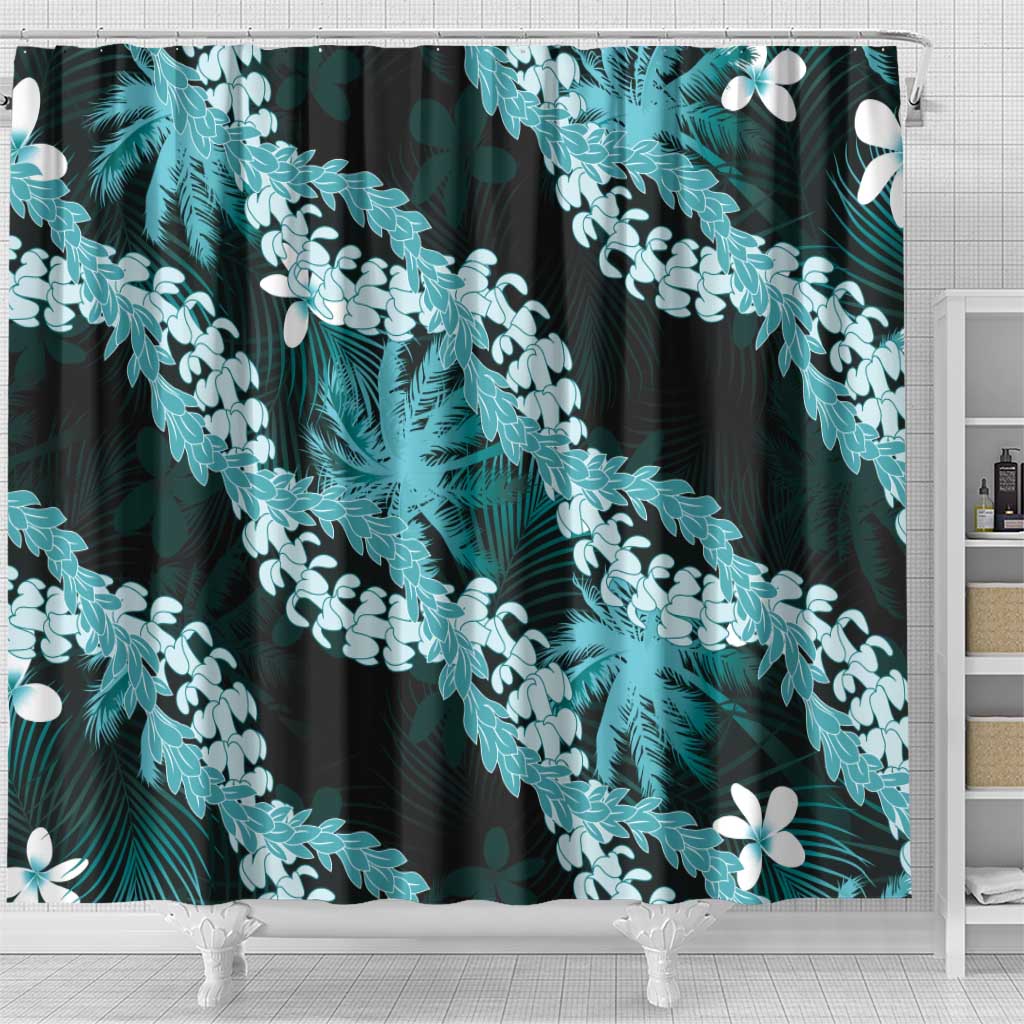 Puakenikeni Maile Lei Shower Curtain Frangipani Turquoise Tropical Leaves