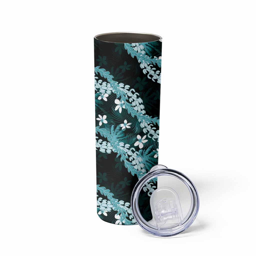 Puakenikeni Maile Lei Skinny Tumbler Frangipani Turquoise Tropical Leaves LT01 - Polynesian Pride