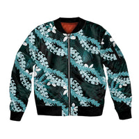 Puakenikeni Maile Lei Sleeve Zip Bomber Jacket Frangipani Turquoise Tropical Leaves
