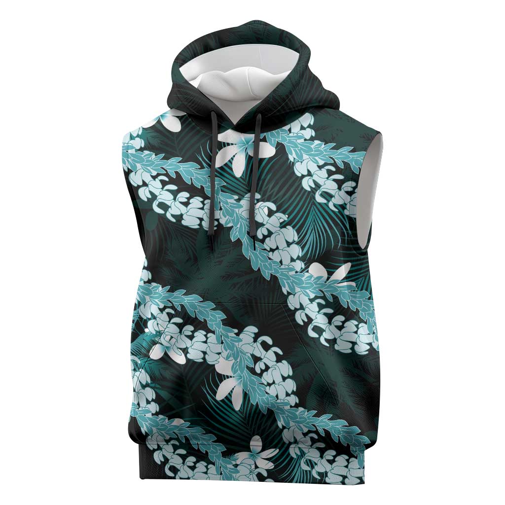 Puakenikeni Maile Lei Sleeveless Hoodie Frangipani Turquoise Tropical Leaves