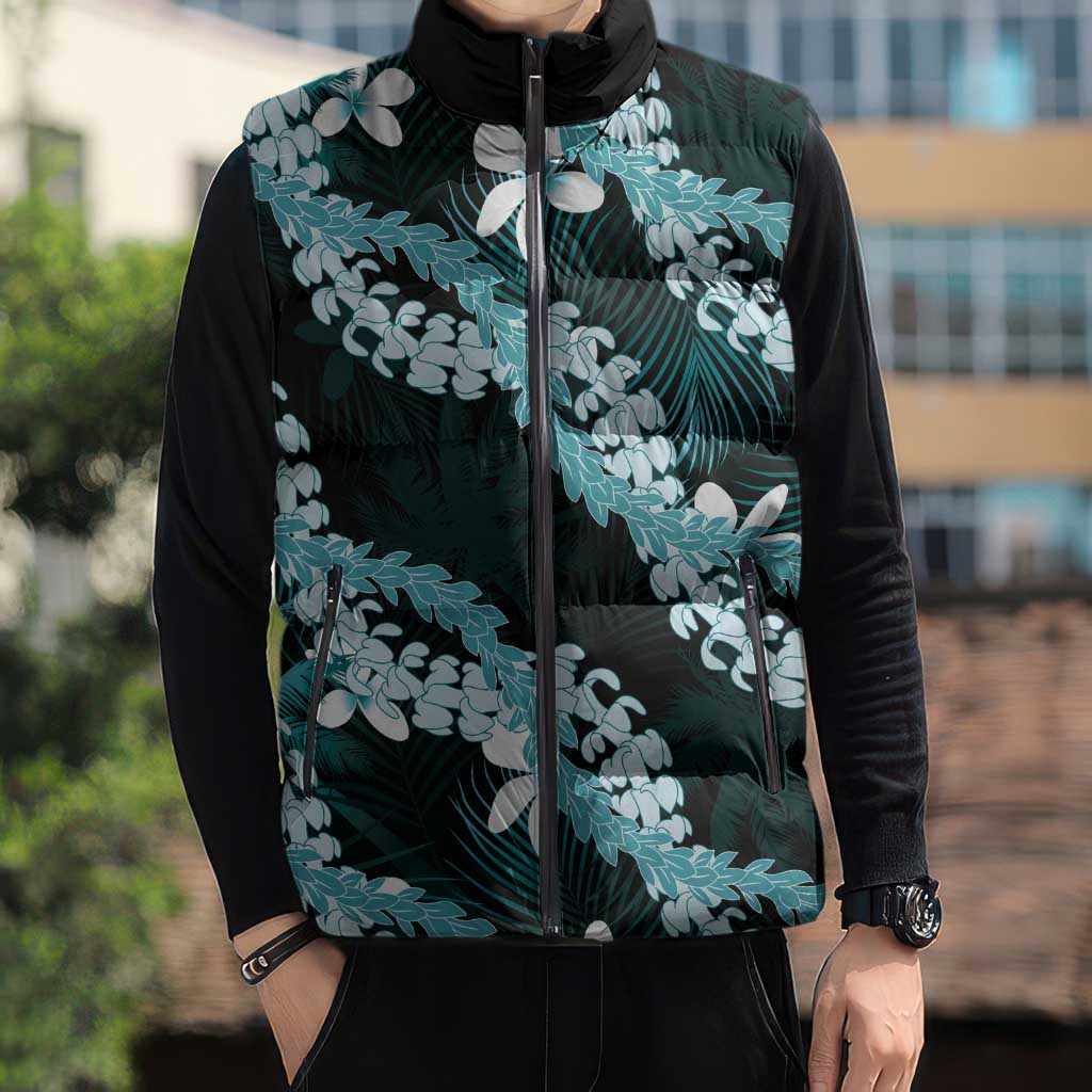 Puakenikeni Maile Lei Sleeveless Puffer Jacket Frangipani Turquoise Tropical Leaves