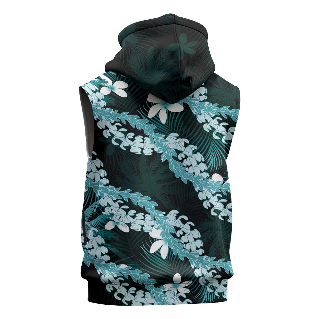 Puakenikeni Maile Lei Sleeveless Zip Hoodie Frangipani Turquoise Tropical Leaves