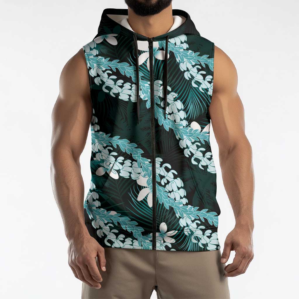 Puakenikeni Maile Lei Sleeveless Zip Hoodie Frangipani Turquoise Tropical Leaves