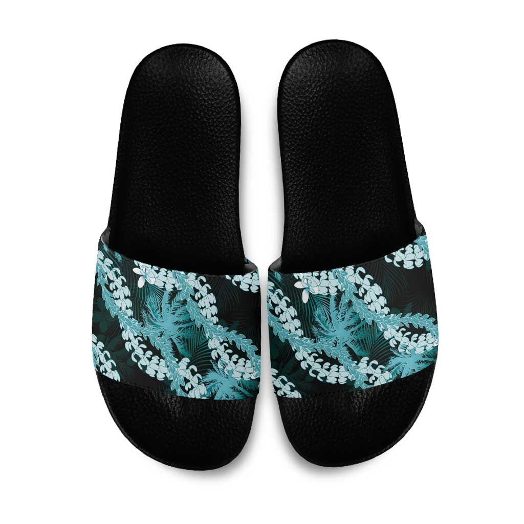 Puakenikeni Maile Lei Slide Sandals Frangipani Turquoise Tropical Leaves