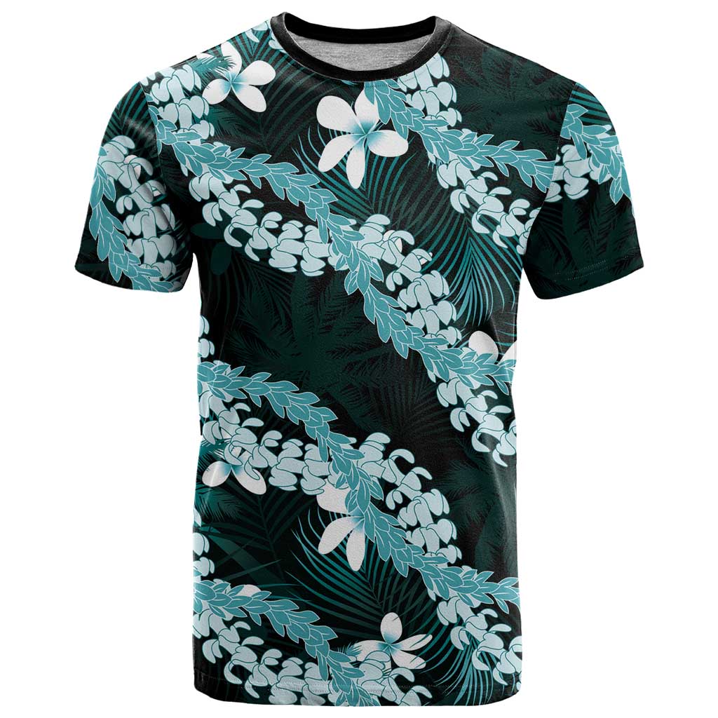 Puakenikeni Maile Lei T Shirt Frangipani Turquoise Tropical Leaves