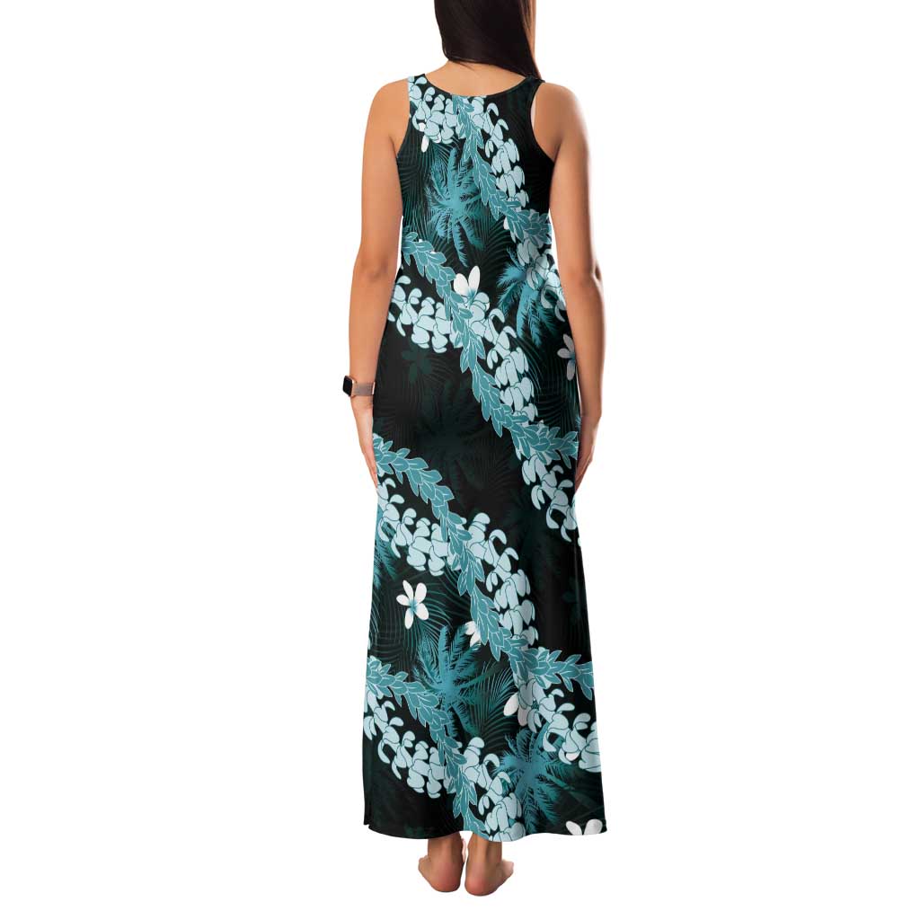 Puakenikeni Maile Lei Tank Maxi Dress Frangipani Turquoise Tropical Leaves