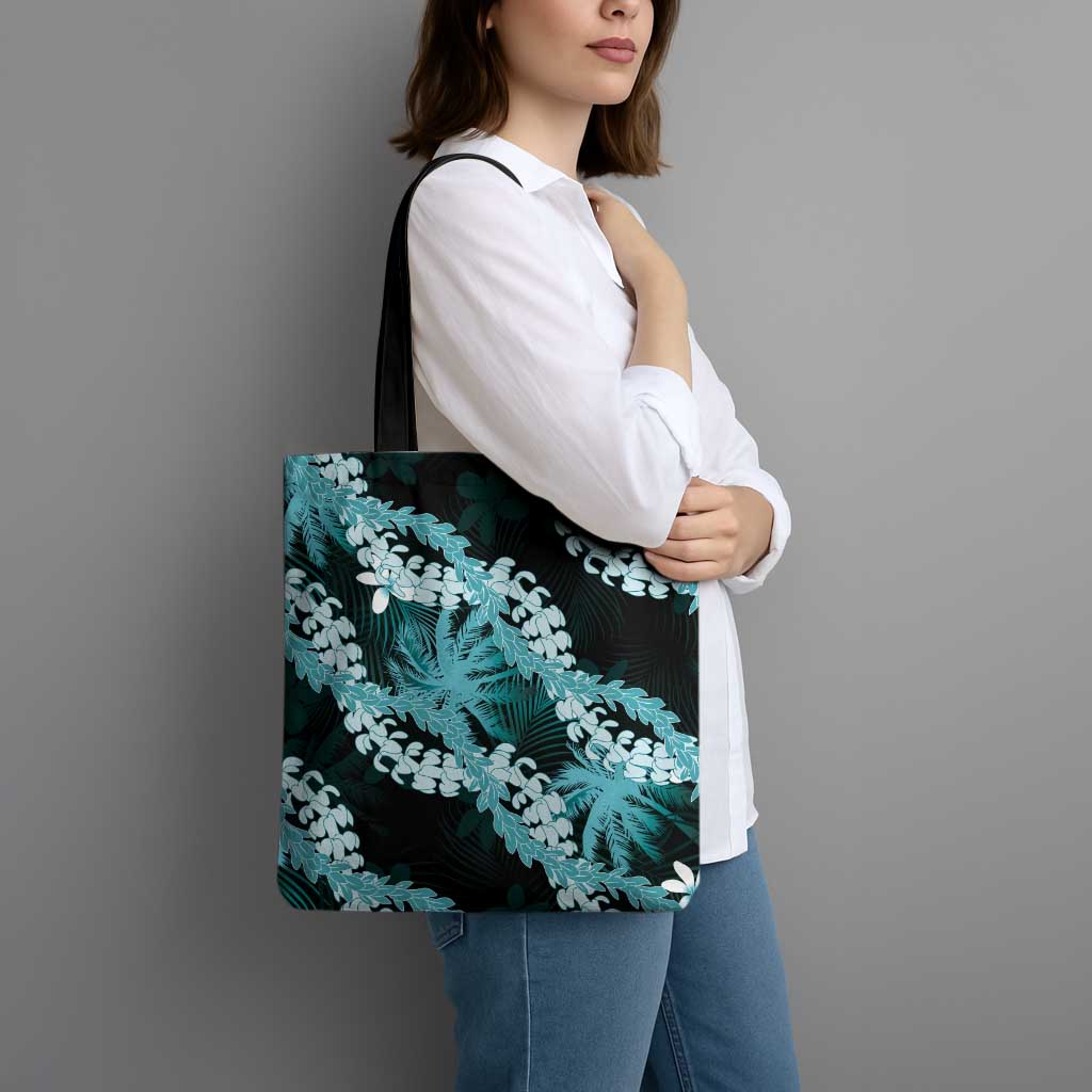 Puakenikeni Maile Lei Tote Bag Frangipani Turquoise Tropical Leaves