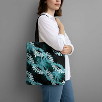 Puakenikeni Maile Lei Tote Bag Frangipani Turquoise Tropical Leaves