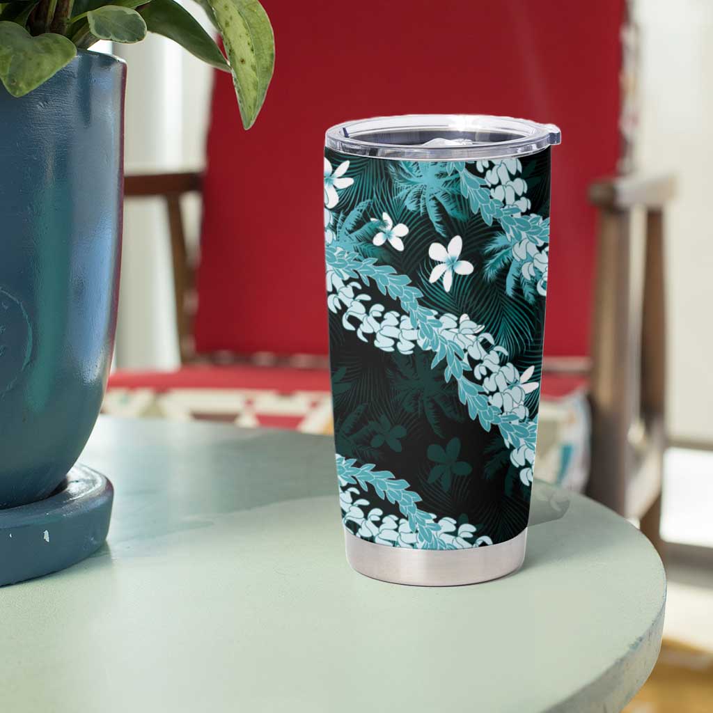 Puakenikeni Maile Lei Tumbler Cup Frangipani Turquoise Tropical Leaves