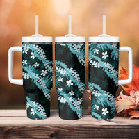 Puakenikeni Maile Lei Tumbler With Handle Frangipani Turquoise Tropical Leaves