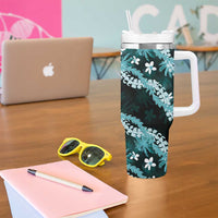 Puakenikeni Maile Lei Tumbler With Handle Frangipani Turquoise Tropical Leaves