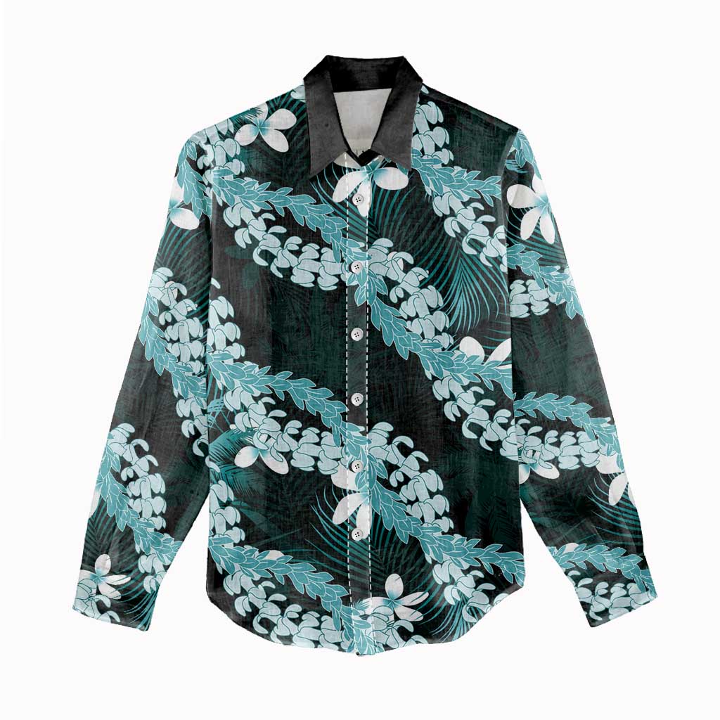 Puakenikeni Maile Lei Women Casual Shirt Frangipani Turquoise Tropical Leaves