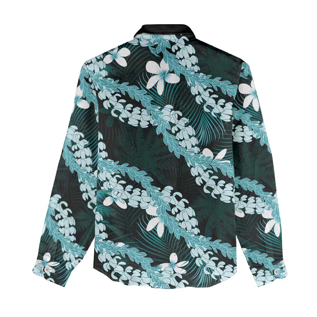 Puakenikeni Maile Lei Women Casual Shirt Frangipani Turquoise Tropical Leaves