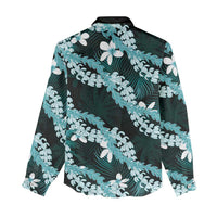 Puakenikeni Maile Lei Women Casual Shirt Frangipani Turquoise Tropical Leaves