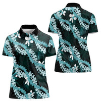 Puakenikeni Maile Lei Women Polo Shirt Frangipani Turquoise Tropical Leaves