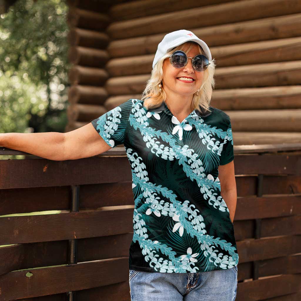Puakenikeni Maile Lei Women Polo Shirt Frangipani Turquoise Tropical Leaves