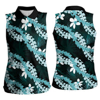 Puakenikeni Maile Lei Women Sleeveless Polo Shirt Frangipani Turquoise Tropical Leaves LT01 - Polynesian Pride