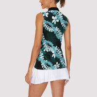 Puakenikeni Maile Lei Women Sleeveless Polo Shirt Frangipani Turquoise Tropical Leaves LT01 - Polynesian Pride