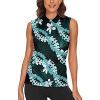 Puakenikeni Maile Lei Women Sleeveless Polo Shirt Frangipani Turquoise Tropical Leaves LT01 - Polynesian Pride
