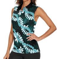 Puakenikeni Maile Lei Women Sleeveless Polo Shirt Frangipani Turquoise Tropical Leaves LT01 - Polynesian Pride