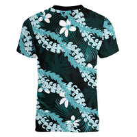 Puakenikeni Maile Lei Women V-Neck T-Shirt Frangipani Turquoise Tropical Leaves LT01 - Polynesian Pride