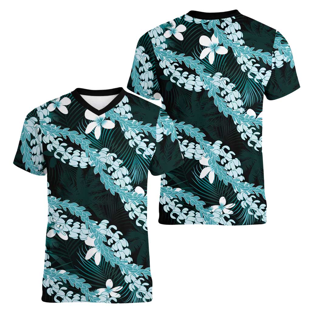 Puakenikeni Maile Lei Women V-Neck T-Shirt Frangipani Turquoise Tropical Leaves LT01 - Polynesian Pride