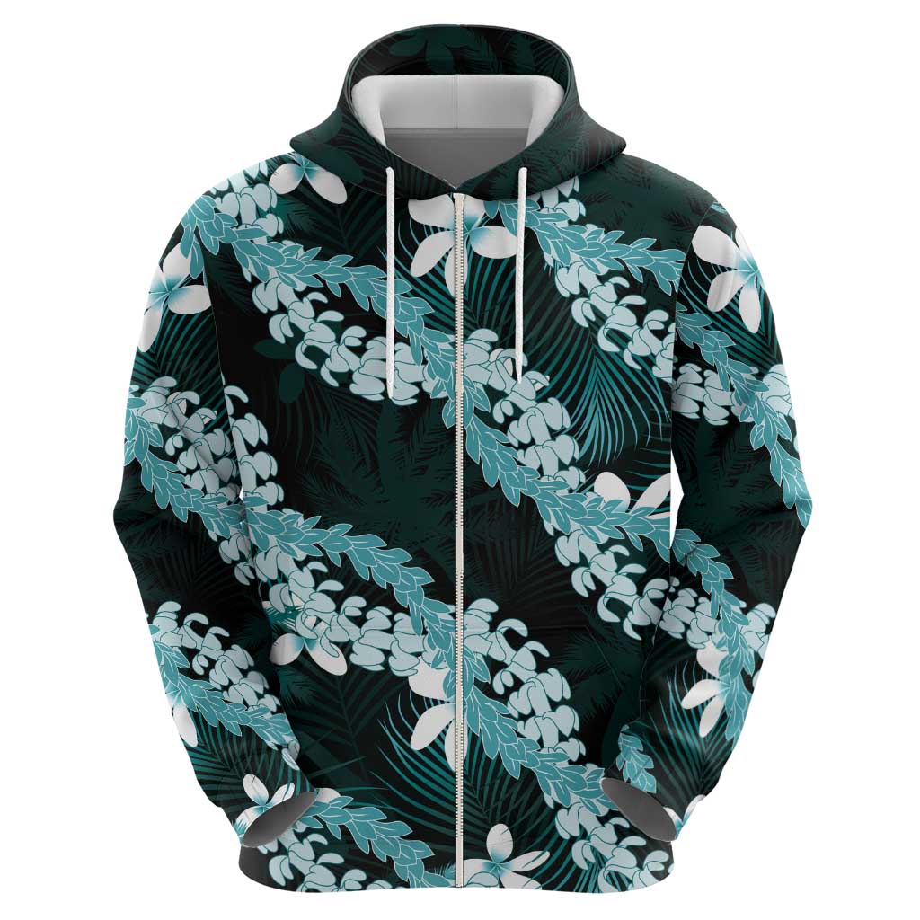 Puakenikeni Maile Lei Zip Hoodie Frangipani Turquoise Tropical Leaves