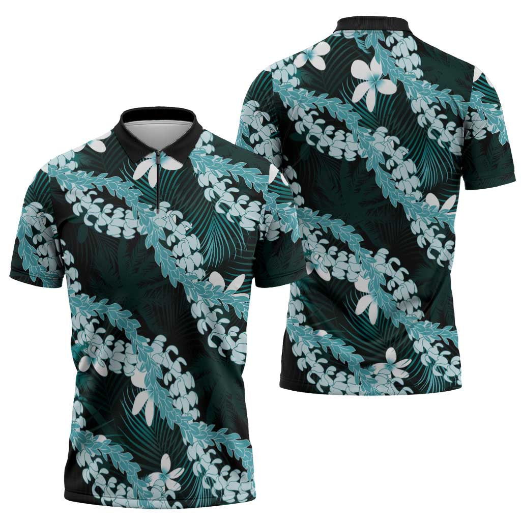 Puakenikeni Maile Lei Zipper Polo Shirt Frangipani Turquoise Tropical Leaves