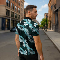 Puakenikeni Maile Lei Zipper Polo Shirt Frangipani Turquoise Tropical Leaves