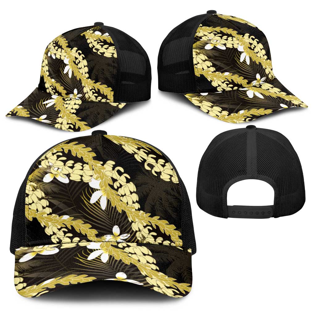 Puakenikeni Maile Lei Baseball Net Cap Frangipani Yellow Tropical Leaves