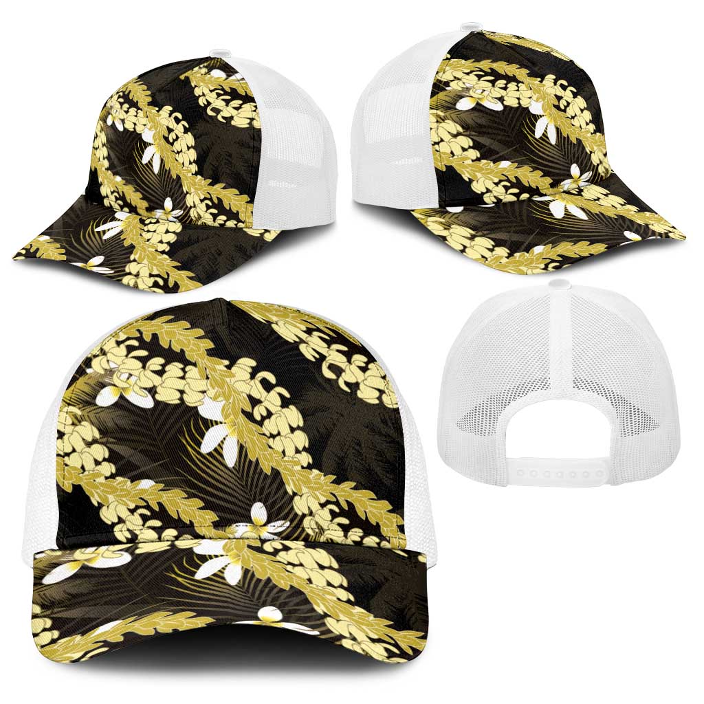 Puakenikeni Maile Lei Baseball Net Cap Frangipani Yellow Tropical Leaves
