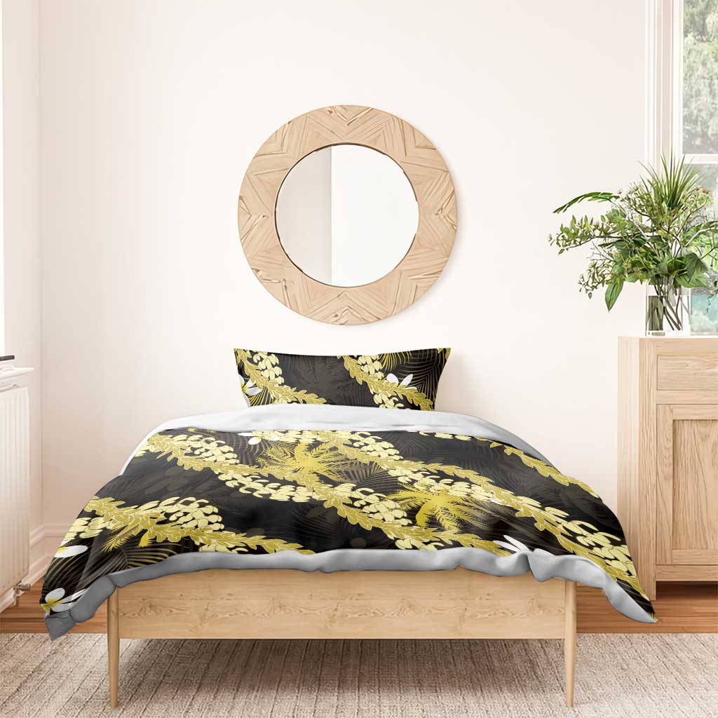 Puakenikeni Maile Lei Bedding Set Frangipani Yellow Tropical Leaves