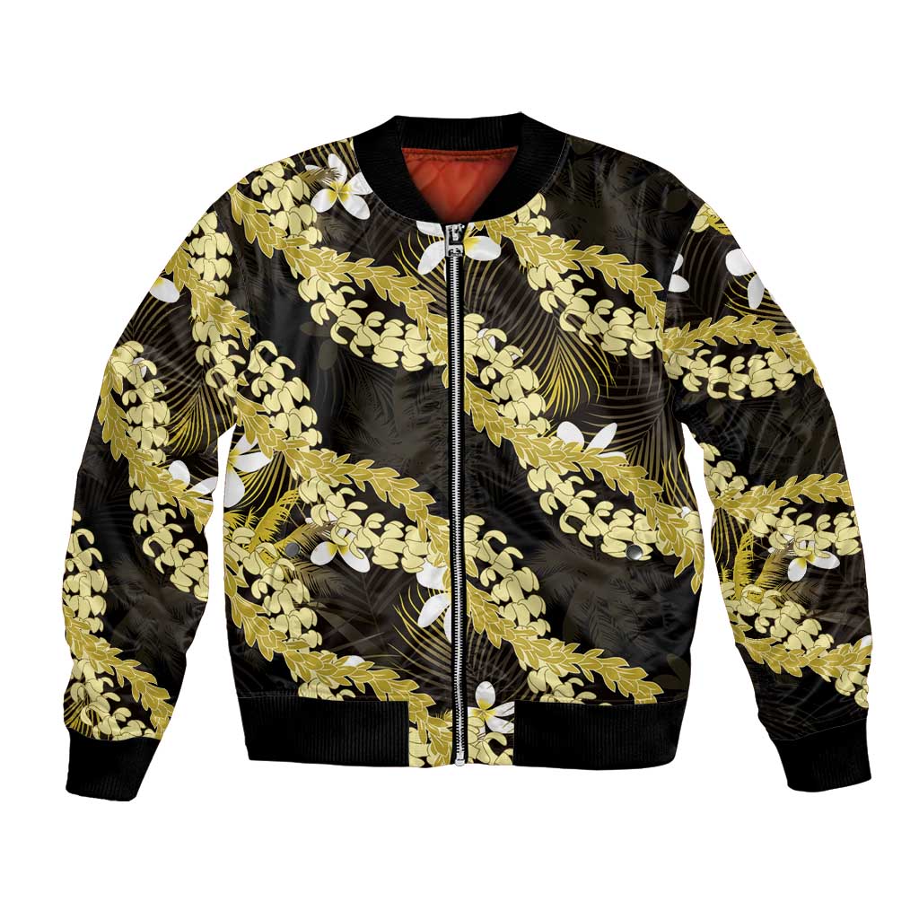 Puakenikeni Maile Lei Bomber Jacket Frangipani Yellow Tropical Leaves