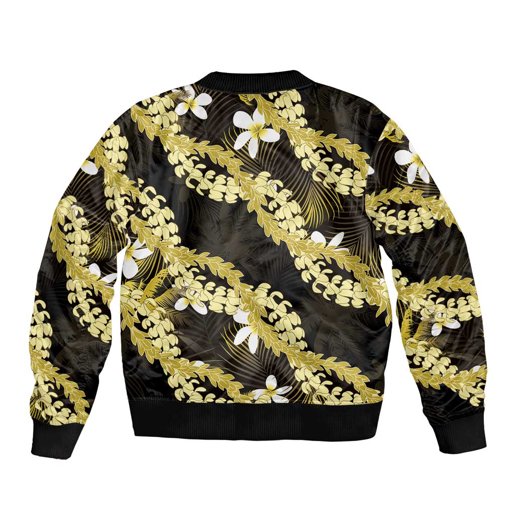 Puakenikeni Maile Lei Bomber Jacket Frangipani Yellow Tropical Leaves