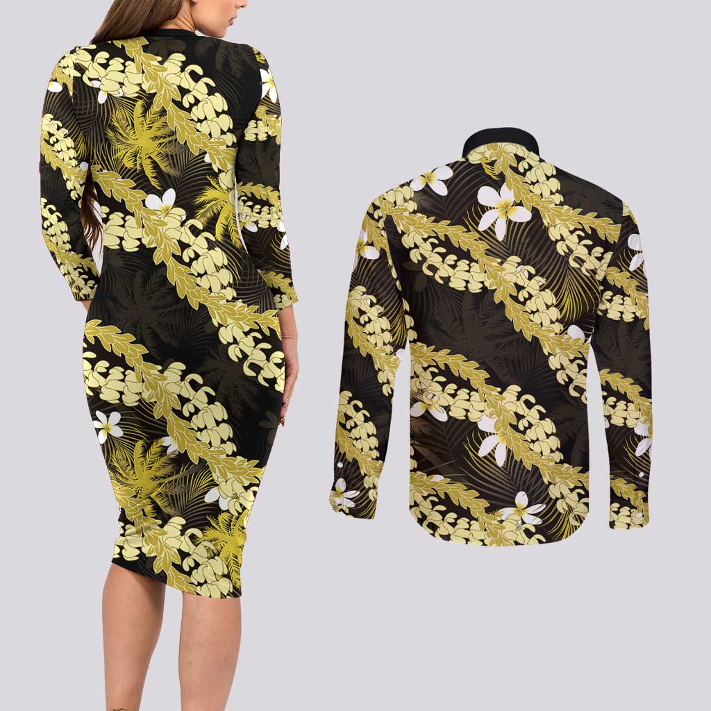Puakenikeni Maile Lei Couples Matching Long Sleeve Bodycon Dress and Long Sleeve Button Shirt Frangipani Yellow Tropical Leaves LT01 - Polynesian Pride