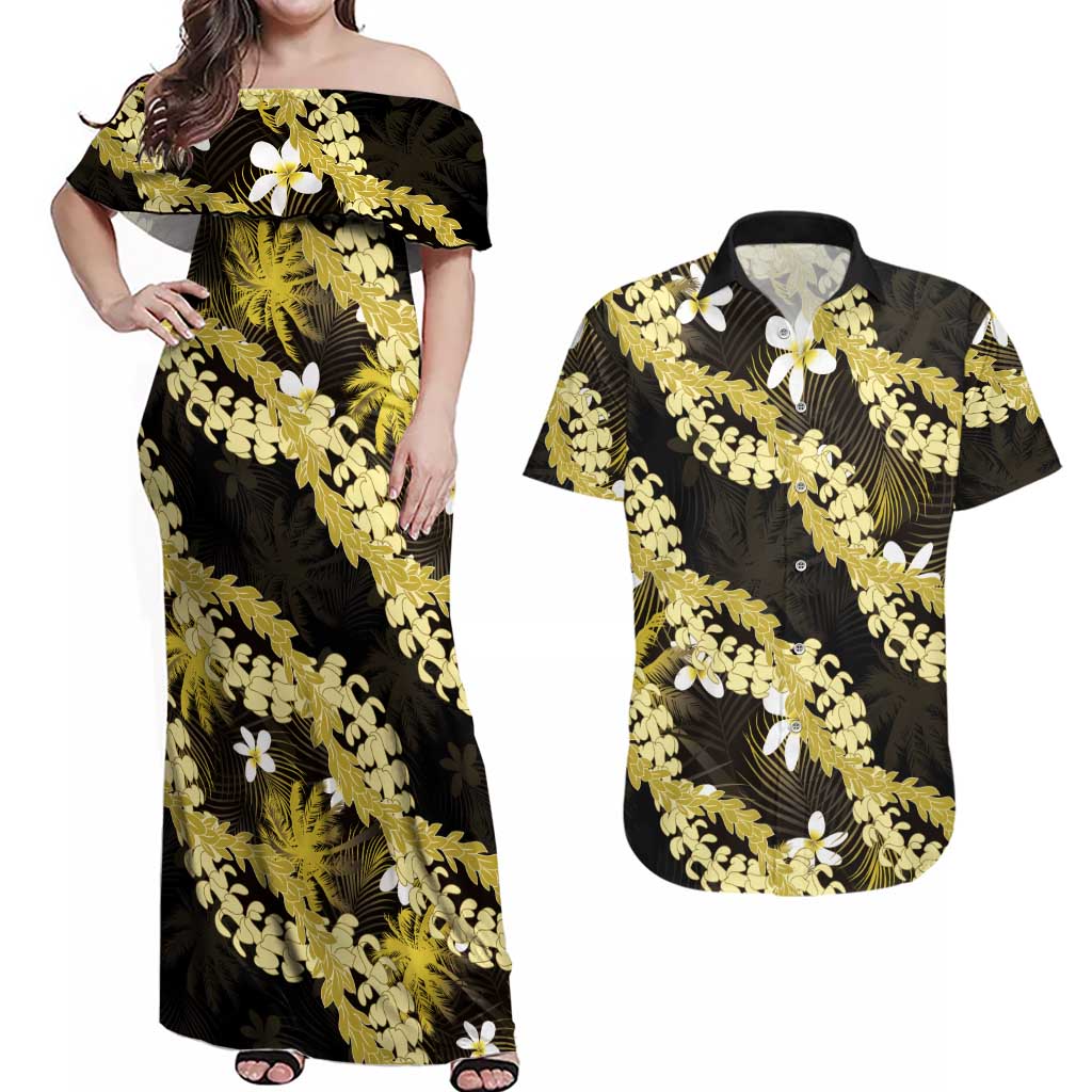 Puakenikeni Maile Lei Couples Matching Off Shoulder Maxi Dress and Hawaiian Shirt Frangipani Yellow Tropical Leaves