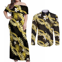 Puakenikeni Maile Lei Couples Matching Off Shoulder Maxi Dress and Long Sleeve Button Shirt Frangipani Yellow Tropical Leaves LT01 Yellow - Polynesian Pride