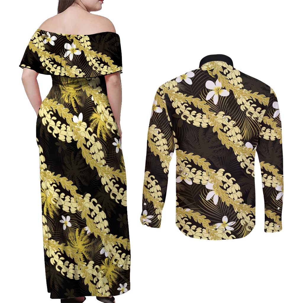Puakenikeni Maile Lei Couples Matching Off Shoulder Maxi Dress and Long Sleeve Button Shirt Frangipani Yellow Tropical Leaves LT01 - Polynesian Pride