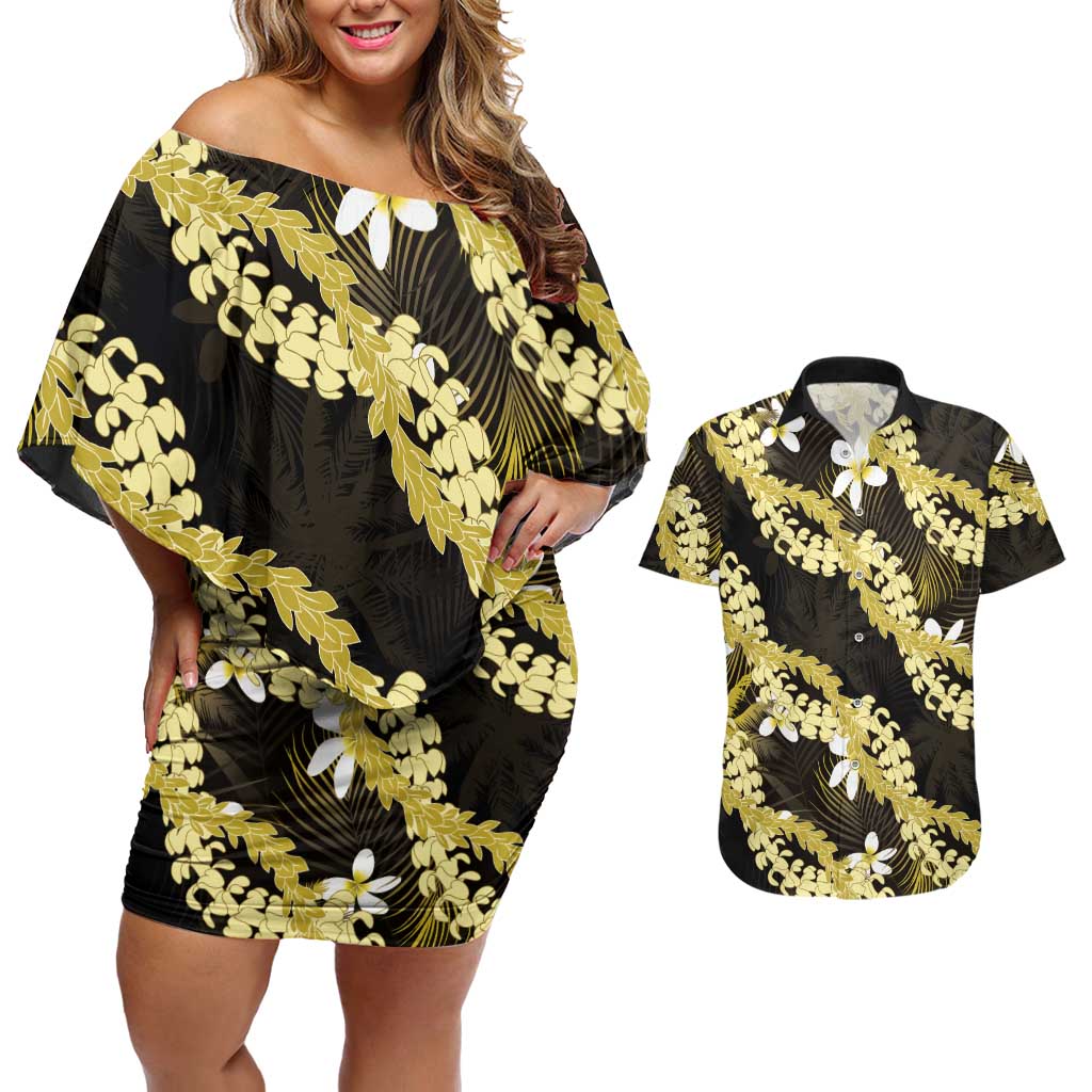 Puakenikeni Maile Lei Couples Matching Off Shoulder Short Dress and Hawaiian Shirt Frangipani Yellow Tropical Leaves LT01 Yellow - Polynesian Pride