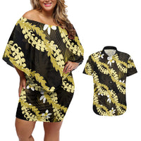 Puakenikeni Maile Lei Couples Matching Off Shoulder Short Dress and Hawaiian Shirt Frangipani Yellow Tropical Leaves LT01 Yellow - Polynesian Pride
